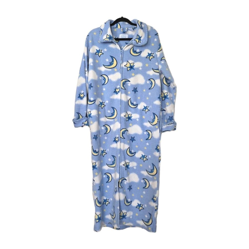 Vintage Celestial Fleece Robe House Coat Size M Blue Stars Moon 90s Hippie Boho
